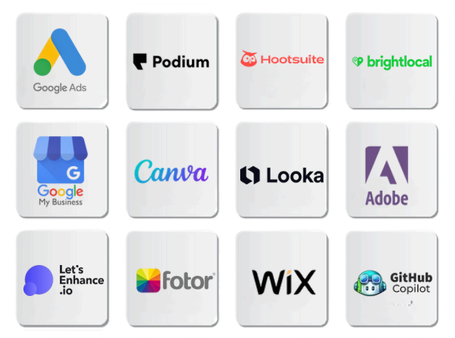 Ai Tools Image with logos of google adds, canva, looka, wix, brightlocal, gtihub copilot etc.